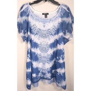 STYLE & CO Blue Knit‎ Tie Dye Rhinestone Blouse Flutter Sleeves XL